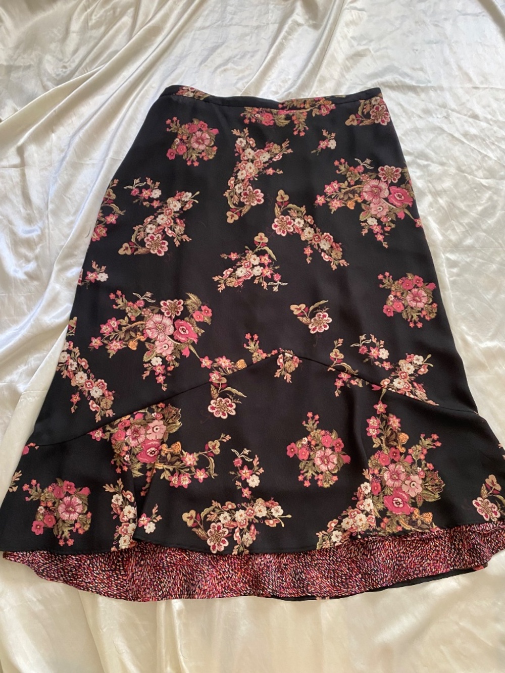 Vintage y2k Black Pink Floral Ruffle Skirt Boho Fairy XL